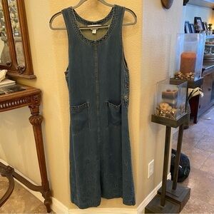 Vintage AMY K SU Women Blue Denim Floral Embroidery Hem Maxi Dress Size Small